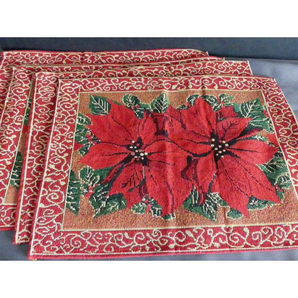 Set of 4 Poinsettia Christmas Placemats Woven Red Gold Trim Table Holiday Decor - Picture 1 of 6